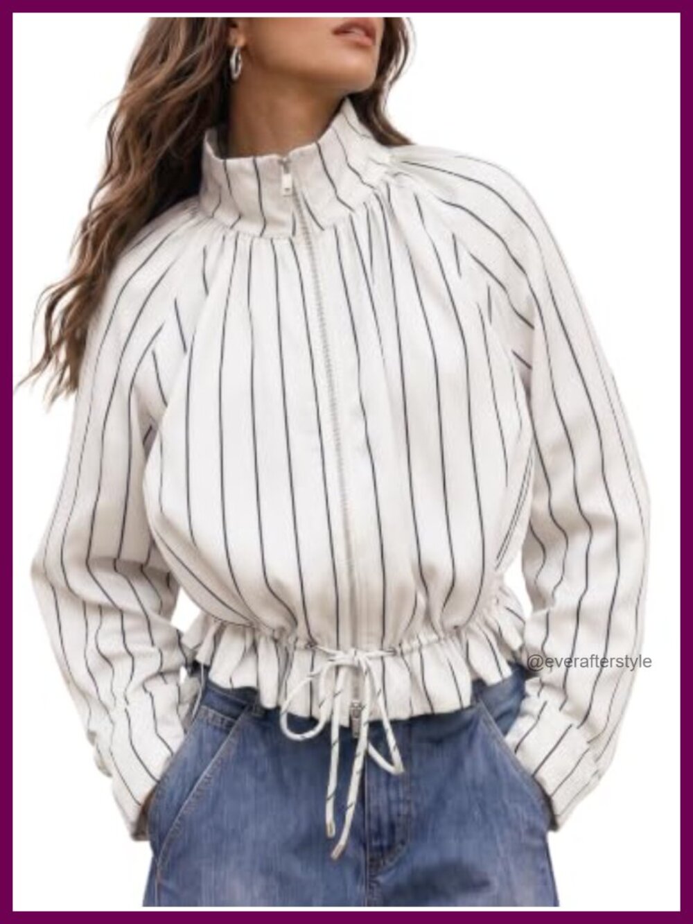 Womens Striped Cropped Casual Jacket Stand Collar Zip Up Fall Coat